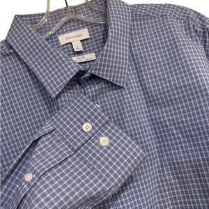 Calvin Klein Shirt Blue Plaid Casual Button Up Long Sleeve Slim Fit Mens Size XL